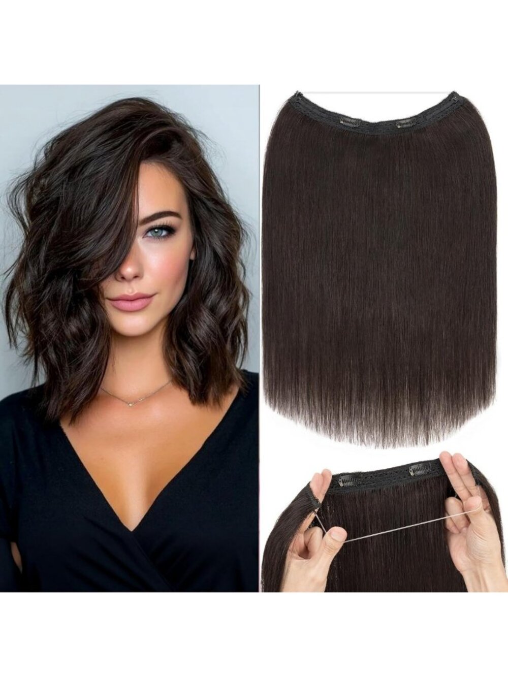 Invisible Wire Hair Extensions - 12" Real Remy Human Hair, Natural Black, Short